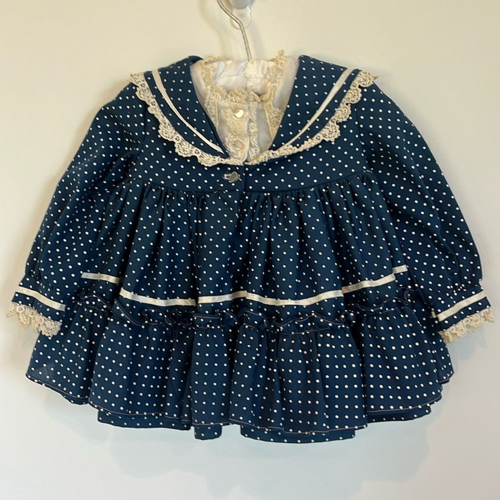 Vintage Martha’s Miniatures baby dress petticoat navy blue polka dot sz 1